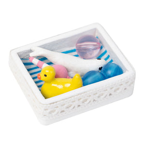 Dollhouse Baby Toys wooden lace basket with duck, seal, rattle, and bath play set for cozy nursery shelf or bathroom scenes, white finish