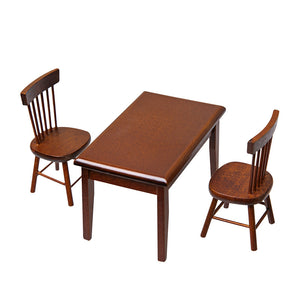 White background image of a dollhouse dining table and chairs set with a walnut finish for a 1:12 scale dollhouse