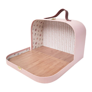 Portable Dollhouse in pink with leather handle, 1:12 scale carry case ideal for dollhouse scenes and tiny furniture display.