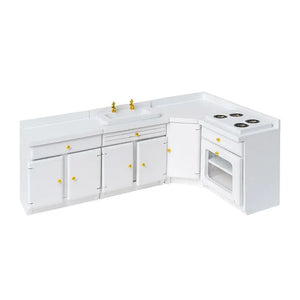 White L-Shaped Kitchen Counter with Sink and Stove – 1:12 Scale Dollhouse Furniture Kivvi Tales