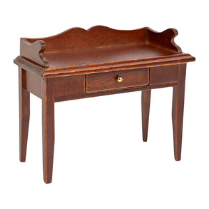 Miniature dressing table wooden vanity with drawer, warm 1:12 scale dollhouse bedroom styling for cozy morning scenes