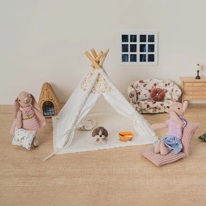 Complete miniature living room set with bunny and mouse figures, sofa, tent, lamp, puppy and accessories for 1:12 scale display.