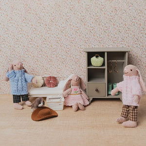 Dollhouse closet scene with bunny family, wardrobe, daybed and accessories in a cozy 1:12 dressing room setting