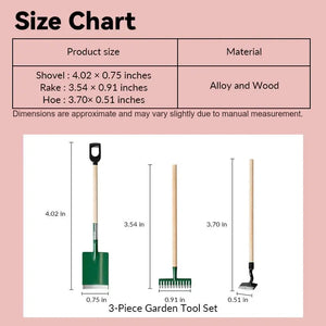 Dollhouse garden tools size chart showing green alloy and wood 3-piece set in 1:12 scale