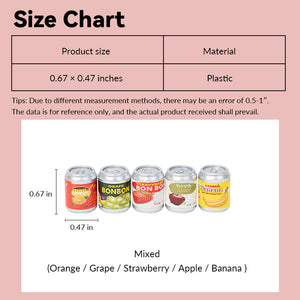 Size chart with Miniature Soda Cans showing mixed fruit flavors, compact 1:12 scale drinks for dollhouse fridge, pantry, or store display