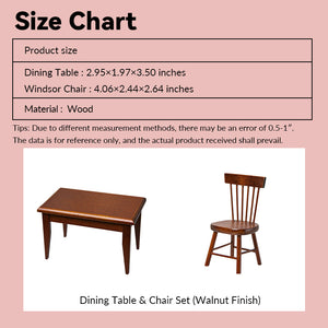 Size chart showing dimensions of a dollhouse dining table and chairs set for a 1:12 scale dollhouse
