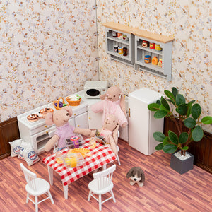 Gray two-tier wooden wall shelf mounted on dollhouse kitchen wall, practical organizer for pantry accessories or decorative display