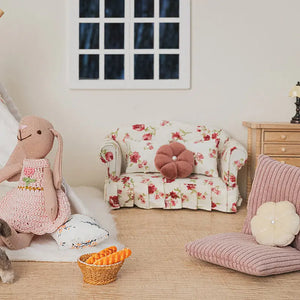 Vintage Floral 2-Seater Sofa with Pink Floral Pillow – 1:12 Scale Dollhouse Furniture Kivvi Tales