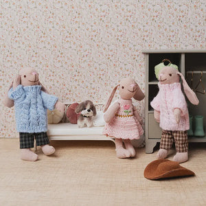 1:12 scale bunny family dressing room scene with soft fabric figures, wardrobe and mirror in a cozy home setting