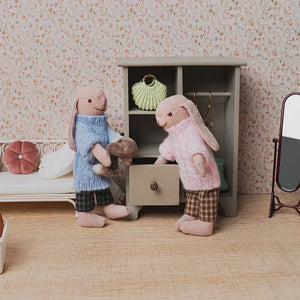 Miniature wardrobe cabinet with hangers, drawer and accessories for 1:12 scale dollhouse dressing room display