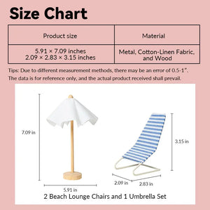 2 Beach Lounge Chairs and 1 Umbrella Set – 1:12 Scale Dollhouse Furniture Kivvi Tales