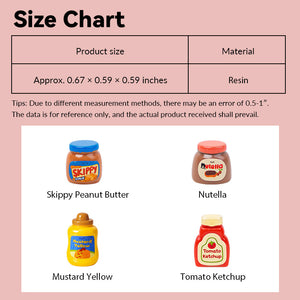 Miniature Condiments size chart showing peanut butter, Nutella, mustard, and ketchup bottles, compact 1:12 scale for dollhouse fridge or countertop