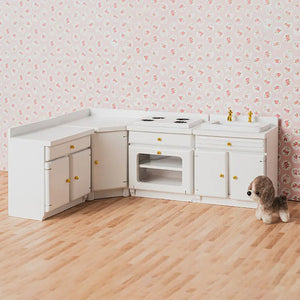 White L-Shaped Kitchen Counter with Sink and Stove – 1:12 Scale Dollhouse Furniture Kivvi Tales