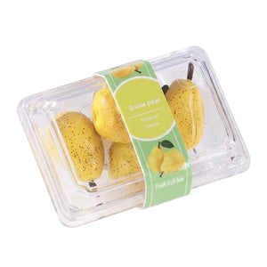 Fresh pear grocery box with realistic labels, dollhouse kitchen produce set for fridge storage, countertop styling, or market basket scenes