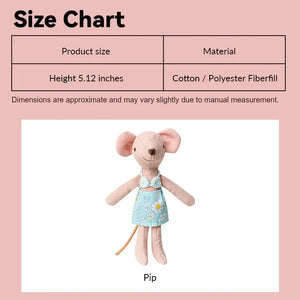 Handmade mouse doll Pip in daisy swimwear, cotton 5.12" figure size chart for 1:12 scale dollhouse beach scenes.
