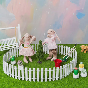 1:12 scale dollhouse **Miniature garden accessories** set with white picket fence and rabbit figurines.