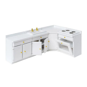 White L-Shaped Kitchen Counter with Sink and Stove – 1:12 Scale Dollhouse Furniture Kivvi Tales