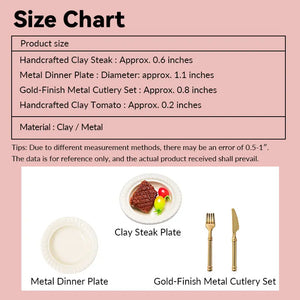 Size chart showing measurements of a handcrafted clay steak set for a 1:12 scale dollhouse