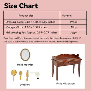 Dollhouse miniature dressing table size chart showing vanity table, vintage mirror and haircare set in 1:12 scale