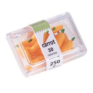 Tiny carrot produce box with clear package, warm dollhouse grocery accessory for kitchen shelves, fridge, or farmers market scenes