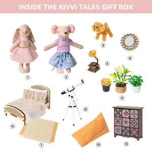 Complete gift box contents with 1:12 furniture, carved bed, telescope, rug, gramophone, and plants.