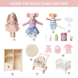 1:12 scale dollhouse nursery set with miniature crib, stroller and mouse characters Pip and Milo by Kivvi Tales.