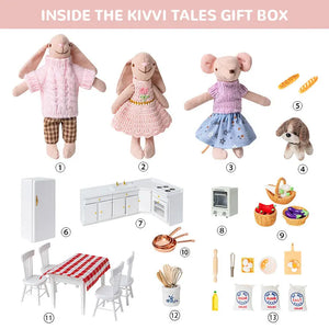 Complete dollhouse kitchen set with mouse and bunny figures, table, chairs, cabinets, oven and baking accessories in 1:12 scale