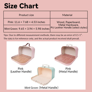 Portable Dollhouse Carry Case showing size chart and three styles: pink metal, pink leather, and mint blue metal handle options.