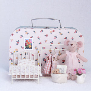 Portable dollhouse with miniature bed, clothing rack, and mouse dolls, ideal for 1:12 scale dollhouse play and display.