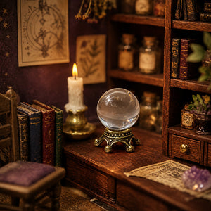 Clear crystal ball styled with old books and candles in a cozy magic study filled with mysterious vintage charm.
