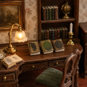 Tiny vintage magic books arranged on a wooden desk with a warm lamp, perfect for a cozy witch study or library