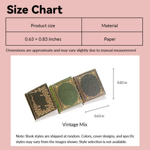 Dollhouse spell book size chart showing vintage paper style in 1:12 scale