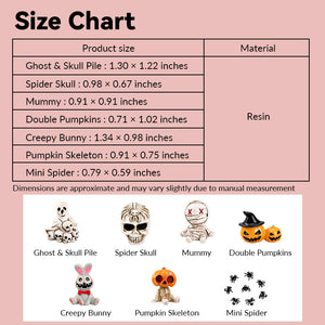 Dollhouse Halloween decorations size chart showing seven resin character styles in 1:12 scale
