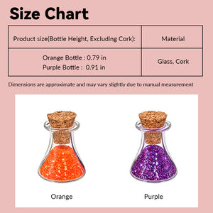 dollhouse potion bottles size chart showing glitter-filled glass set in 1:12 scale