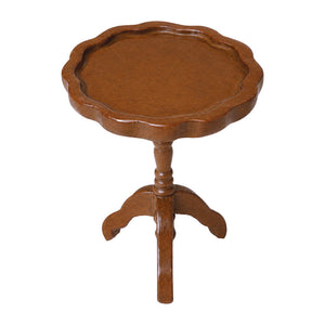 Brown miniature side table with scalloped wood top and turned pedestal base for a warm classic dollhouse room