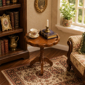 Brown wooden pedestal table with teacup, books and candle for a warm miniature reading corner by the window