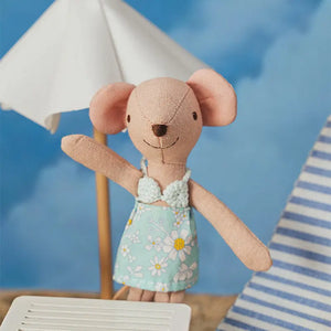 Miniature Mouse Doll Kid Pip in swimwear, enjoying sunny dollhouse scenes, ideal for 1:12 scale beach or poolside setups.