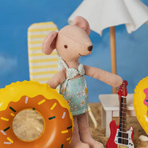 Miniature Mouse Doll Kid Pip in swimwear, posed at 1:12 dollhouse beach with umbrella, lounge chair, and inflatable ring.