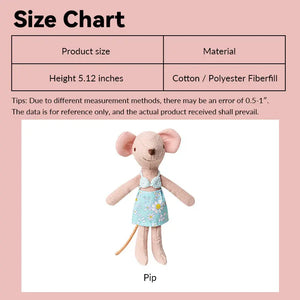 Handmade mouse doll Pip in daisy swimwear, cotton 5.12" figure size chart for 1:12 scale dollhouse beach scenes.