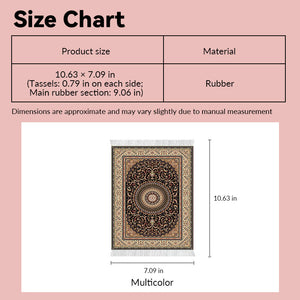 large dollhouse rug size chart showing 10.63 x 7.09 inch vintage multicolor tassel design in 1:12 scale