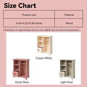 dollhouse wardrobe size chart showing cream white, dusty rose, and light gray finishes in 1:12 scale
