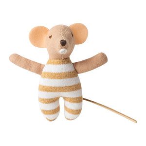Handmade Mouse Baby in yellow striped romper, 3.5 Inch doll perfect for 1:12 scale strollers and nursery play scenes.