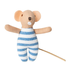 Handmade Mouse Baby in blue striped romper, 3.5 Inch miniature doll ideal for 1:12 scale dollhouse nurseries and strollers.