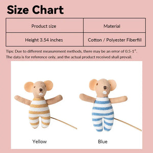 Handmade Mouse Baby size chart showing yellow and blue options, 3.5 Inch height, ideal for 1:12 scale dollhouse collections.