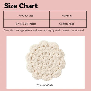 Crochet dollhouse rug size chart showing cream-white cotton yarn flower design in 1:12 scale