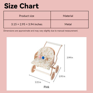 Dollhouse baby stroller size chart showing pink metal pram with floral cushion in 1:12 scale