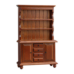 Dollhouse hutch in chestnut brown wood with open shelves, doors and drawers for a warm classic miniature interior