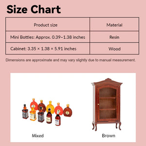 Miniature cabinet and wine set size chart, mixed resin bottles and brown walnut cabinet dimensions for 1:12 scale dollhouse furniture planning