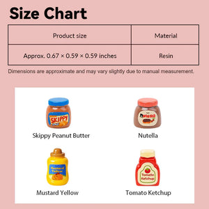 Miniature Condiments size chart showing peanut butter, Nutella, mustard, and ketchup bottles, compact 1:12 scale for dollhouse fridge or countertop