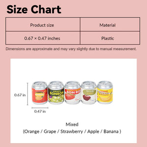 Size chart with Miniature Soda Cans showing mixed fruit flavors, compact 1:12 scale drinks for dollhouse fridge, pantry, or store display